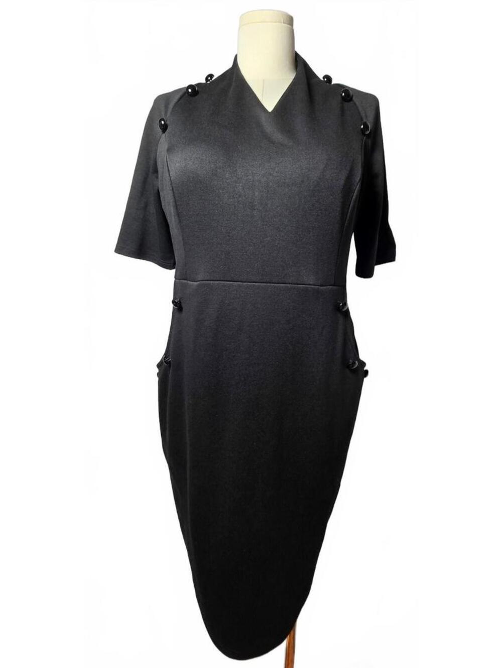 GRACE KARIN Black Button Detail Sheath Dress 2X Plus Size Retro Military Mod